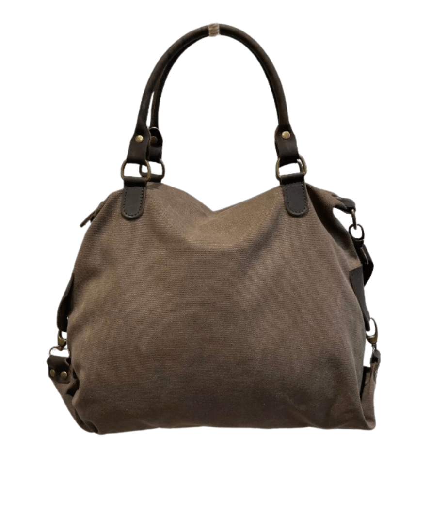 Bolso de loneta con detalles laterales y tirantes de piel